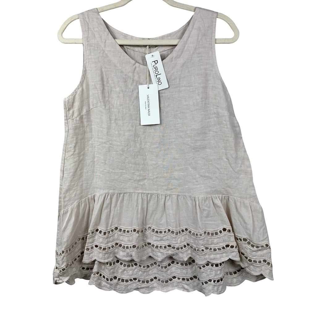 NEW Valentina Naldi Linen Ruffle Hem Lace Detail Sleeveless Top Sand Size S